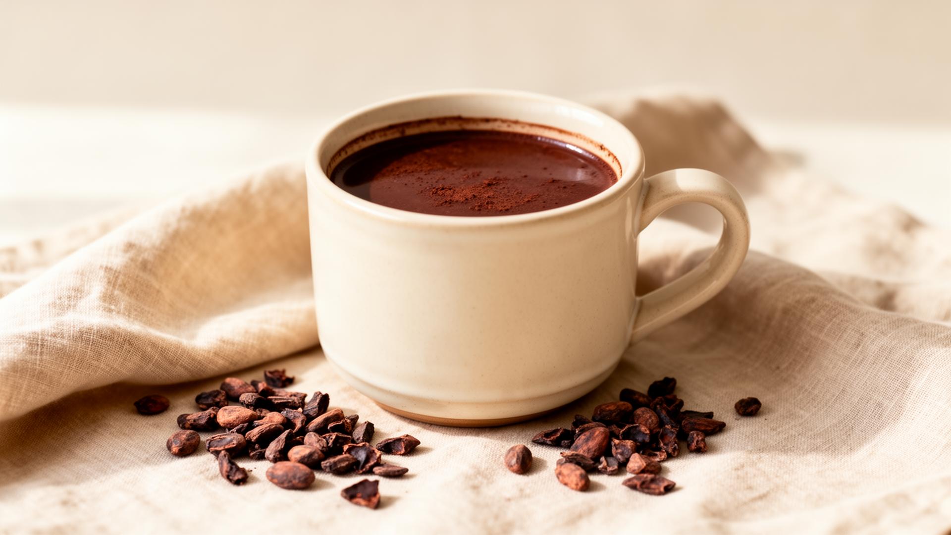 Warm ceremonial cacao in a handmade ceramic mug on linen